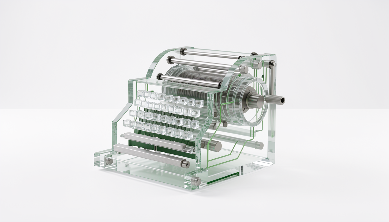 Abstrakte Rechenmaschine aus Glas und Aluminium im Victormedia Hero-Stil