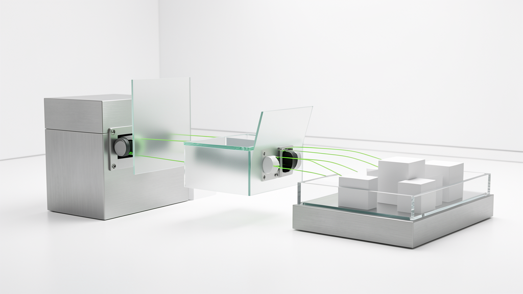 Kinetische Skulptur aus Glas und Aluminium als Symbol für KI-gestützte Dokumentenverarbeitung